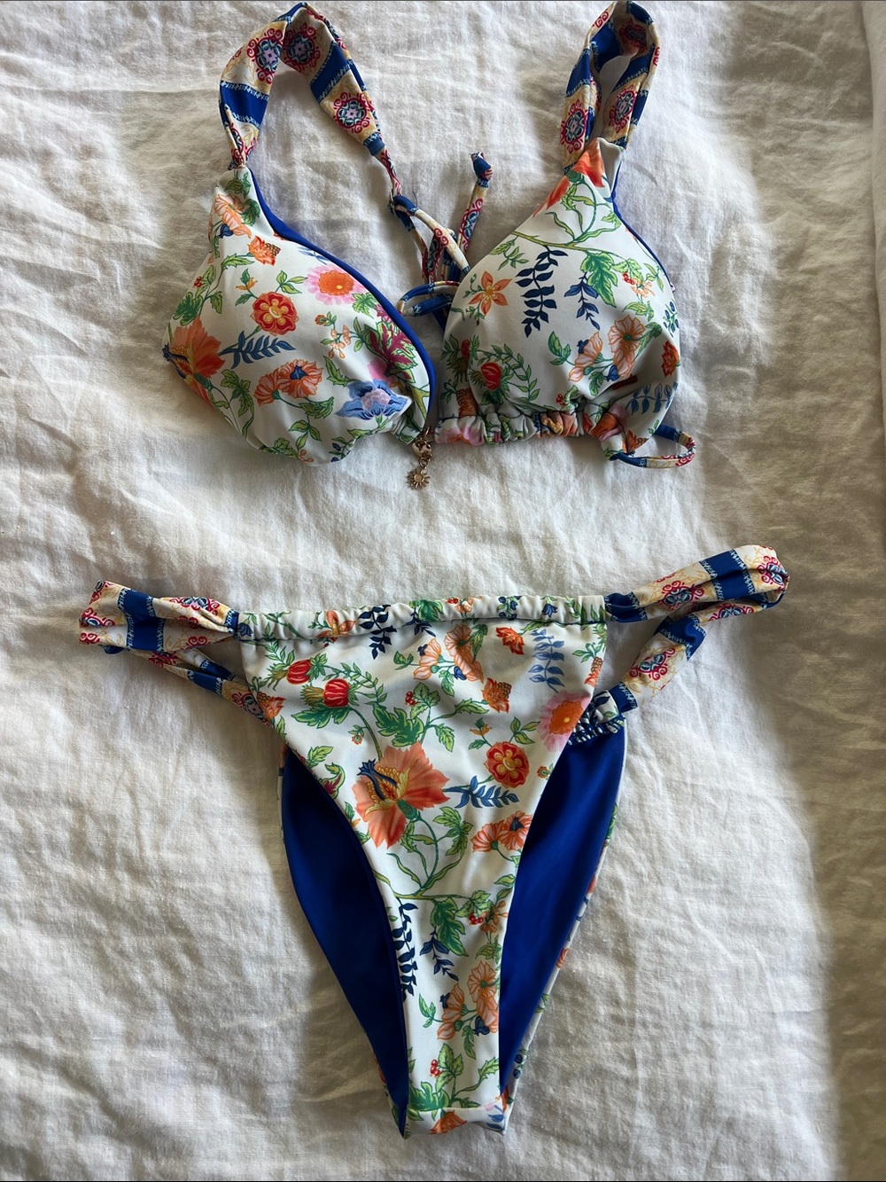 SHEIN White Floral Halter Bikini with Blue Trim